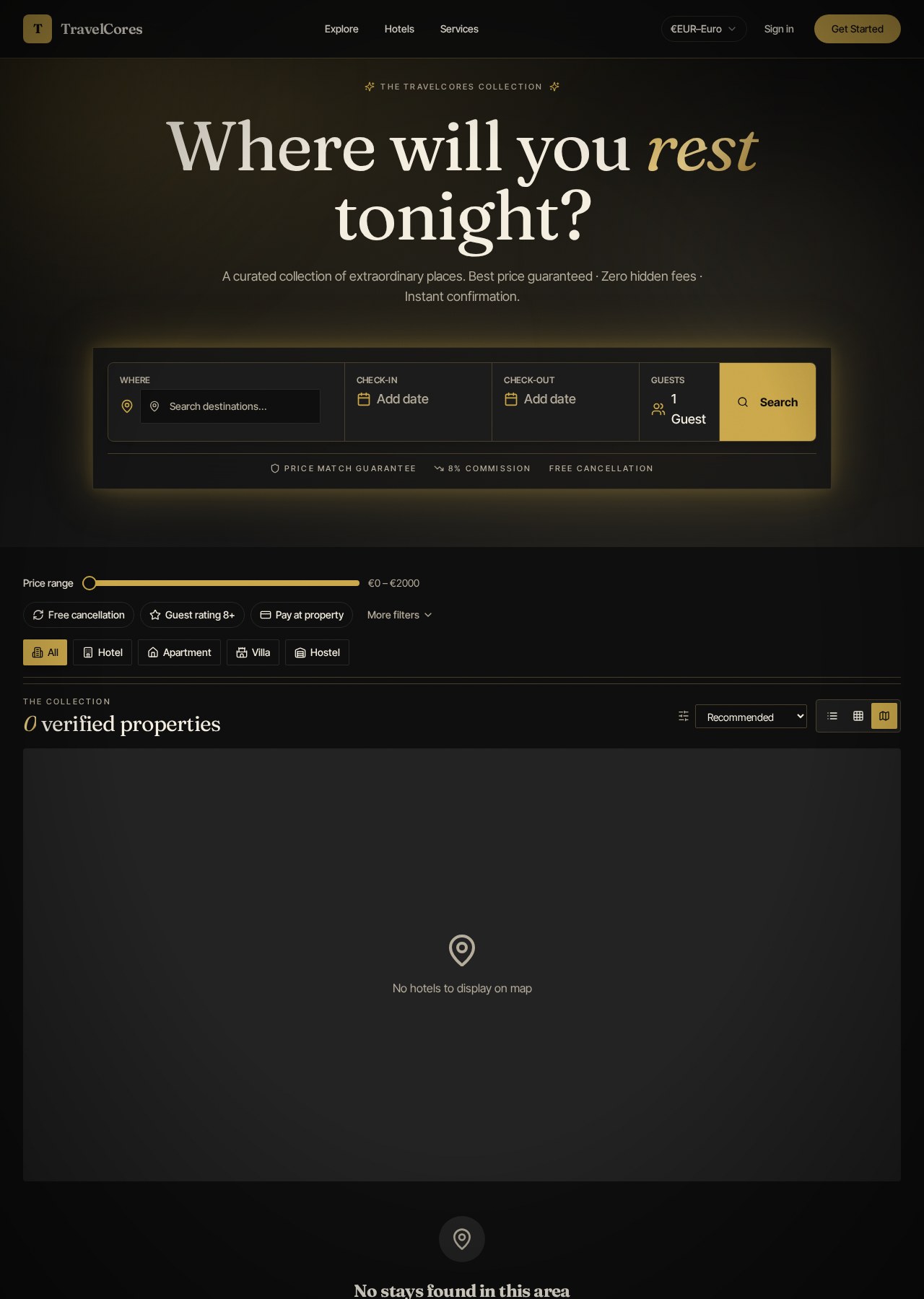 TravelCores hotel search interface captured on a desktop viewport.