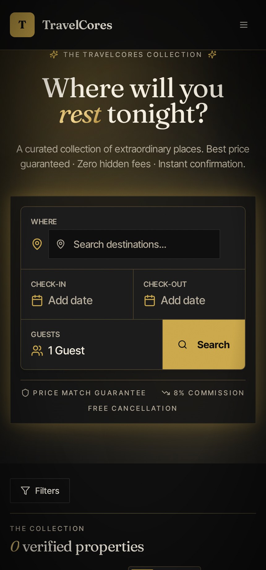TravelCores hotel search interface captured on a mobile viewport.